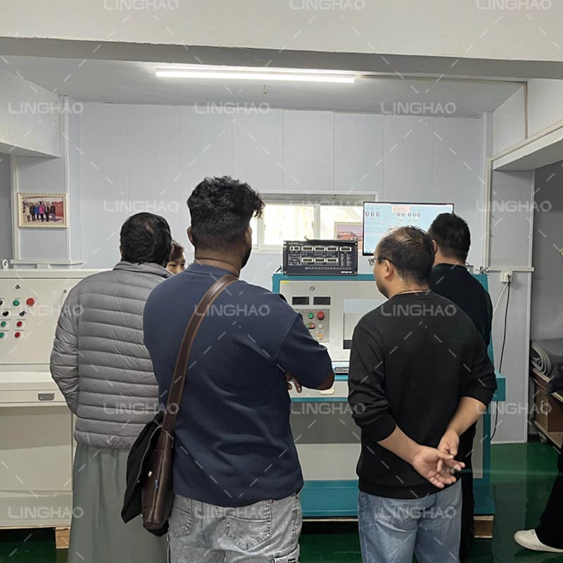 Saudi customer and Chinese agent discussing brick making machine specifications with SanqGroup team