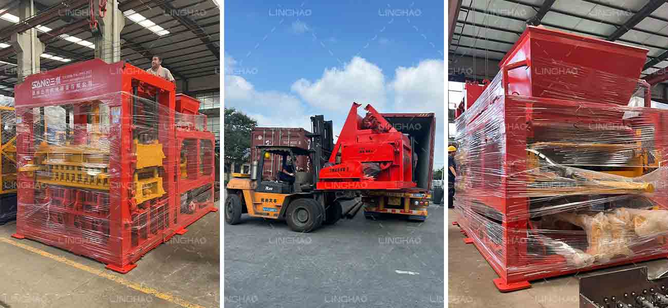 Seven containers of QT12-15 fully automatic brick machines prepared for shipment to Guinea-Bissau