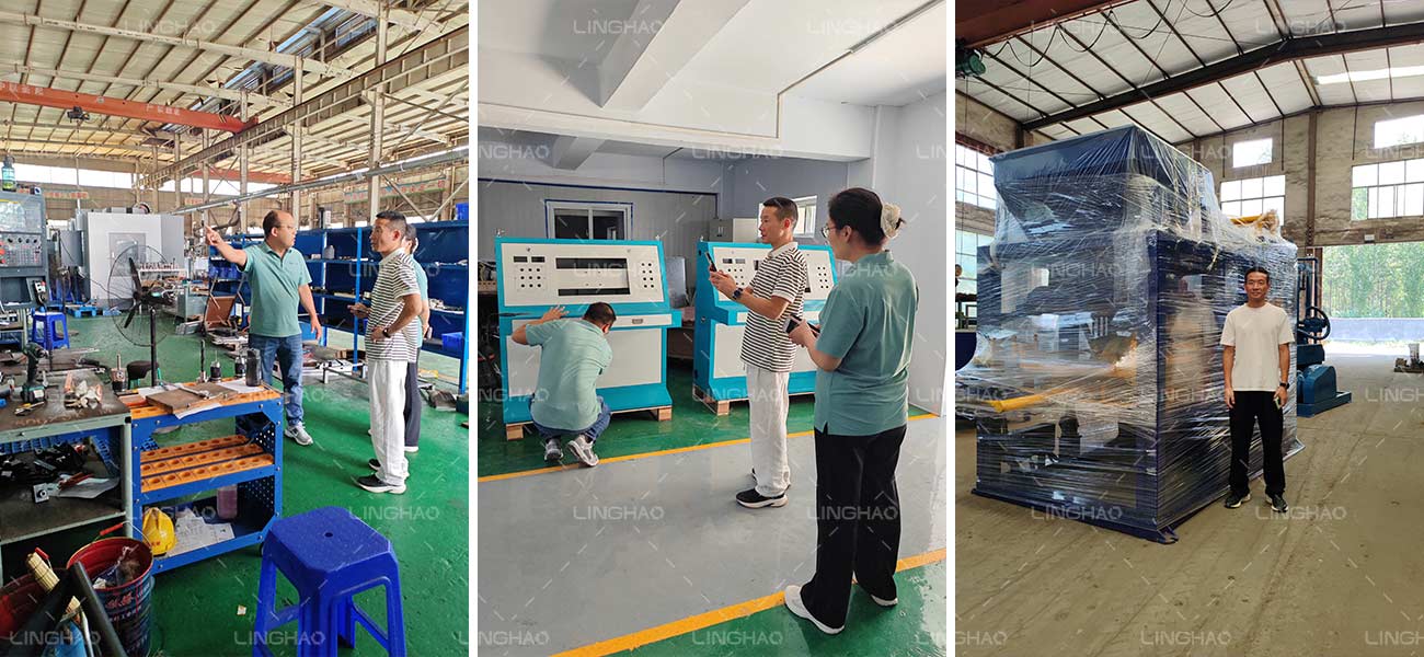 Indonesian customer Peter inspecting the QT4-15 fully automatic brick machine during factory visit