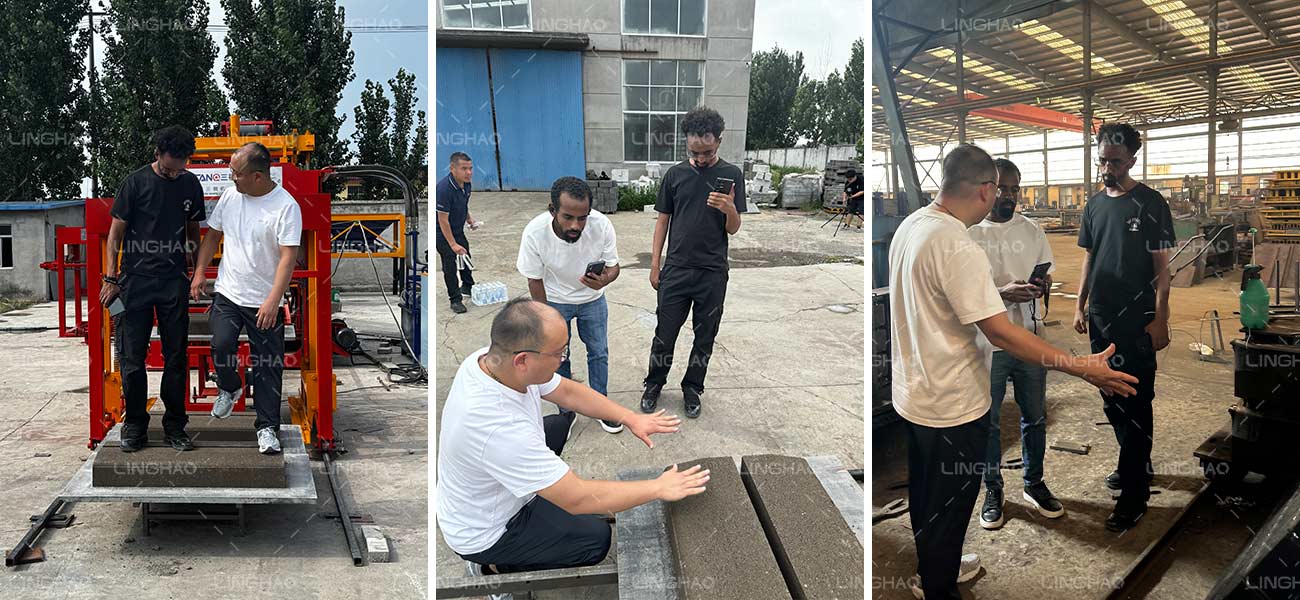 Ethiopian customers inspecting QT12-15 automatic block machine at Linghon Machinery on a 40°C day