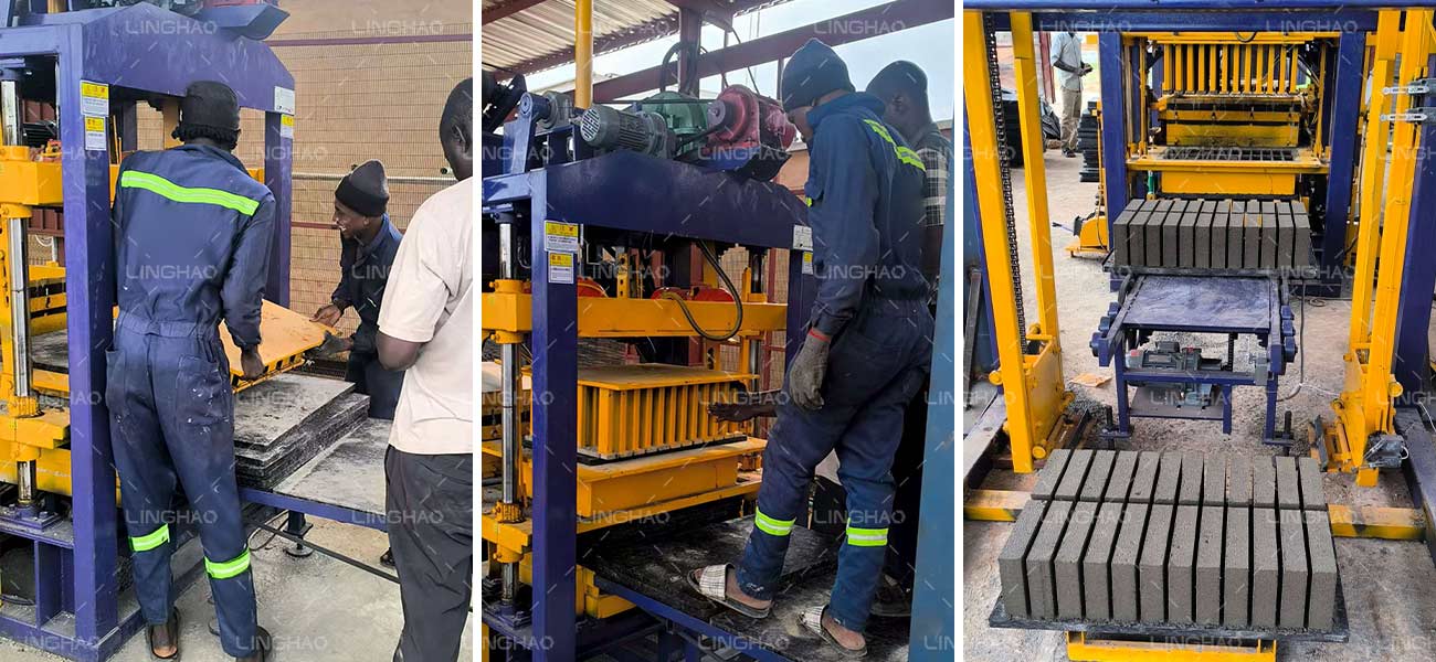 SanqGroup engineer manager installing and testing QT4-15 block machine at customer's plant in Nigeria