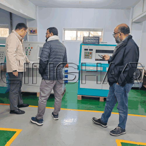 Customer reviewing trailer concrete pump performance and hydraulic system during factory visit