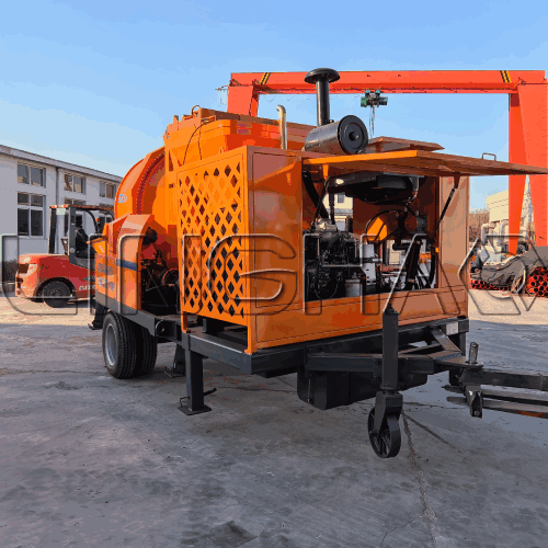 JBTS40-10-85R concrete mixer pump with trailer hitch and wheels at SanqGroup factory before shipment to Guinea