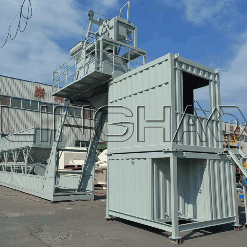 Clients inspecting concrete mixing plant components in the workshop, touching manufacturing details and raw material quality